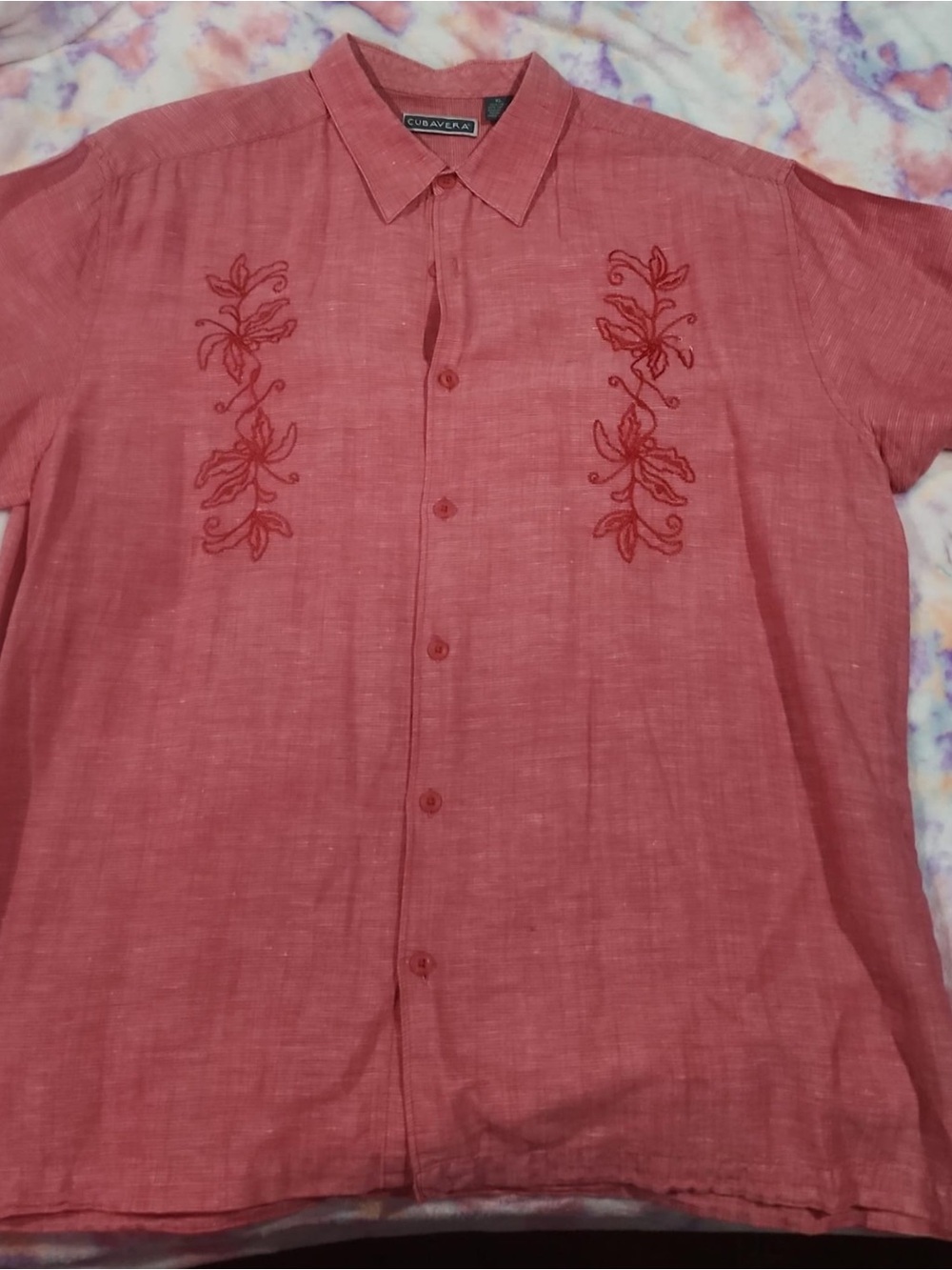 Cubavera Coral-Red Short-Sleeve Embroidered Button-Down Shirt